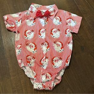 Boutique red and white seersucker/ pinstripe - Santa Christmas onesie.
